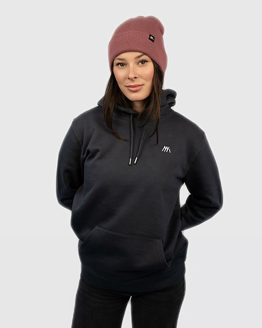 Maunatree's nachhaltiger Kapuzenpullover Hoodie aus Bio-Baumwolle, Pulli in Dunkelgrau mit gesticktem Logo, 100% Bio, Öko-Tex zertifiziert, vegan, FairWear bestätigt, mit Natur Logo, Unisex für Männer & Frauen, Geschenkidee, Mountainbike & MTB, Natur, Sportlicher Look, Snowboard, Berg und Ski