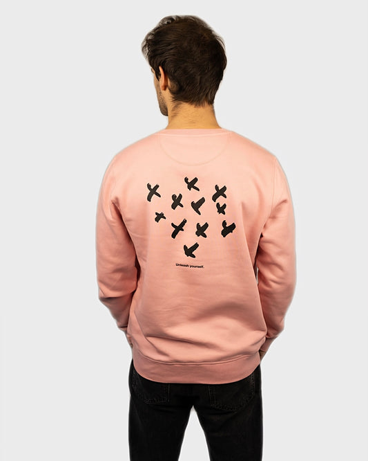 Sweatshirt für Herren und Damen in Dunkelgrau mit Volgel Motiv in verschiedenen Größen und Farben, Vegan und FariWear sowie Öko-Tex zertfifiziert, Pullover ohne Kapuze für Damen und Herren sowie Jungen und Mädchen, Nachhaltig und Modern aus Biobaumwolle und recyceltem Polyester, auch als Geschenkidee, in Pink und gestricktem Logo